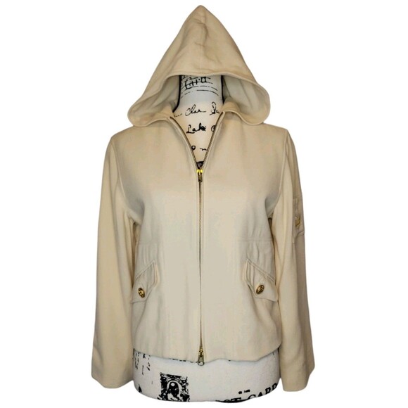 Ralph Lauren LRL Worsted Wool Hooded Jacket Blazer Womens PM Petite Ivory Gold - Picture 2 of 11
